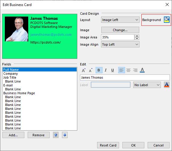 create new business card in outlook