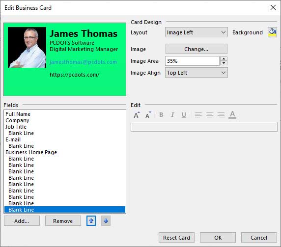 how to attach business card in Outlook