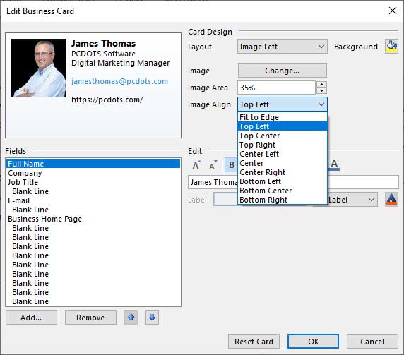 how to edit business card in Outlook