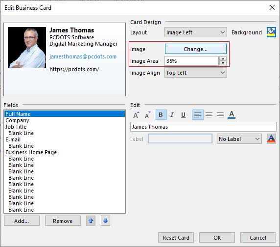 how to make a business card in Microsoft Outlook
