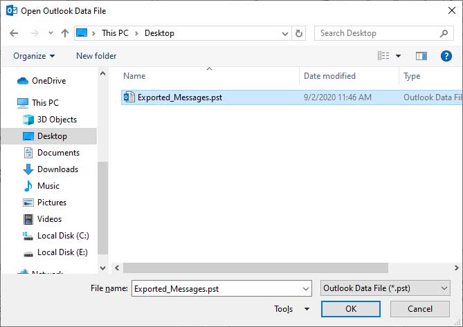 select and import files into outlook