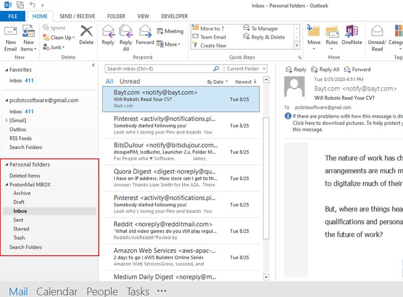 open protonmail emails in outlook