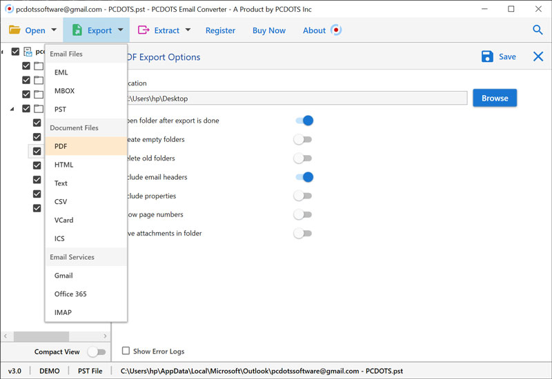 PCDOTS PST Converter to Export Outlook PST File to MBOX, EML, PDF, HTML